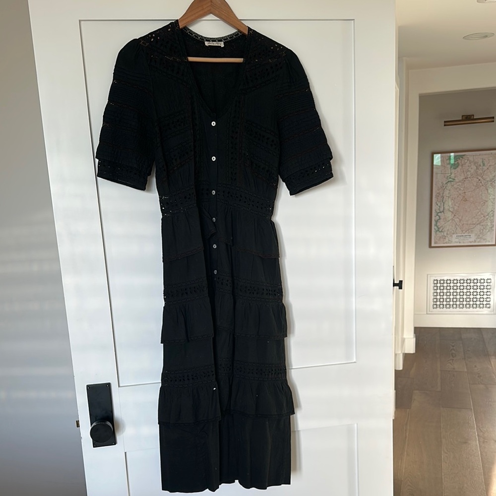 Loveshackfancy Black Ruffle Eyelet Buttoned Midi … - image 1